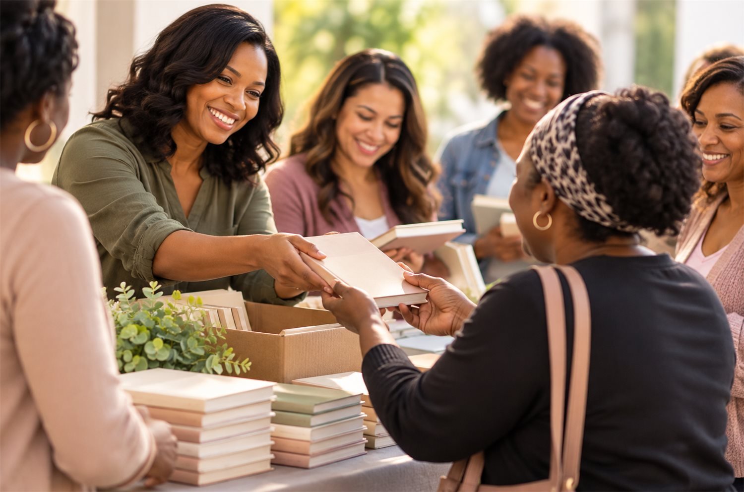 Women giving away books and devotionals to other women