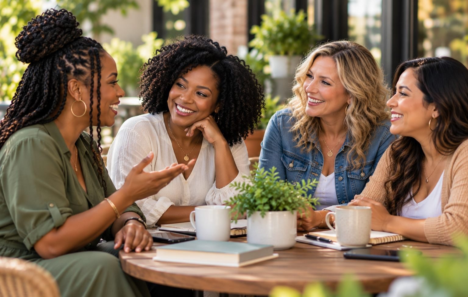 Women talking and laughing together around a café table