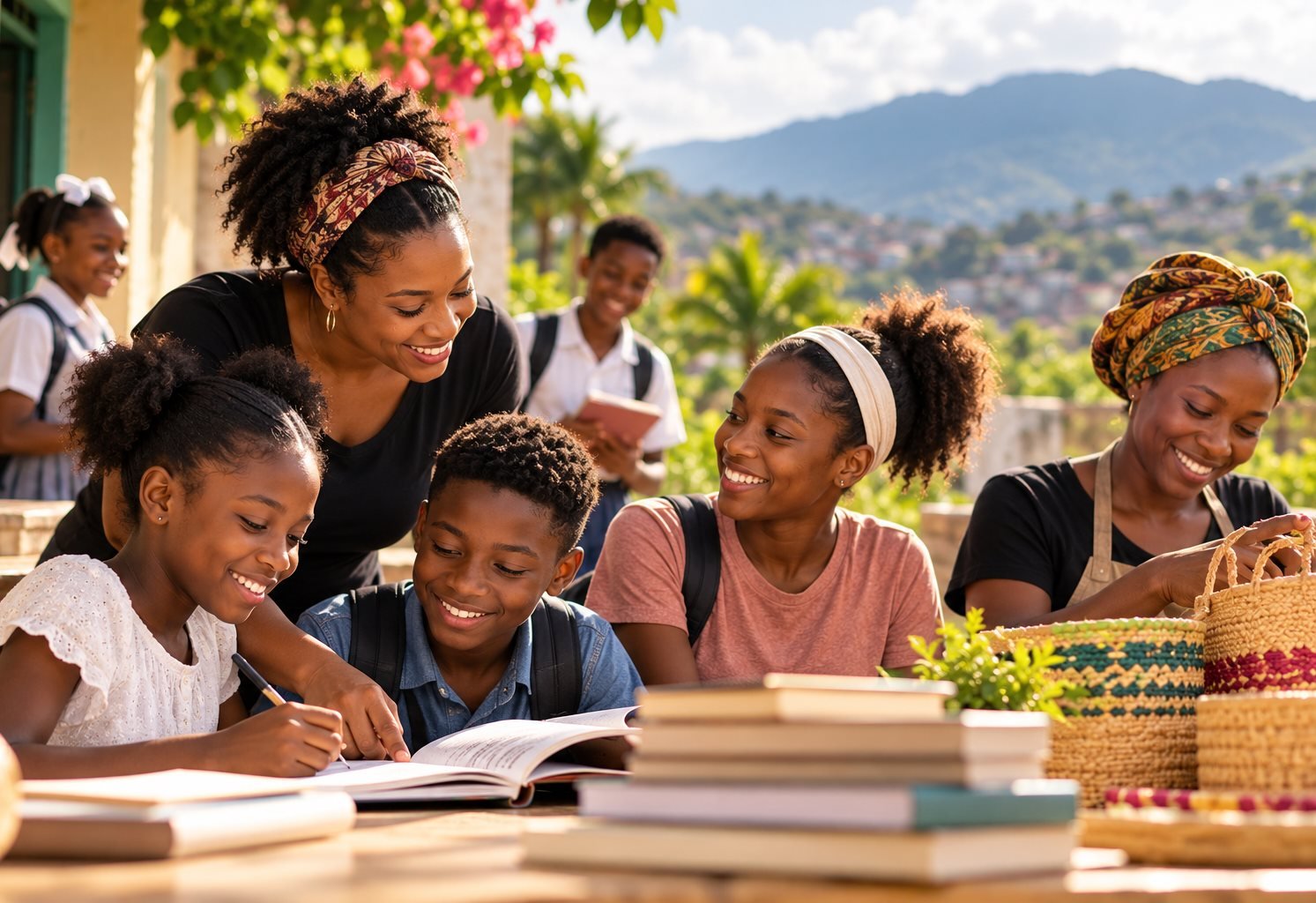 Children and women in Haiti reading books together outdoors