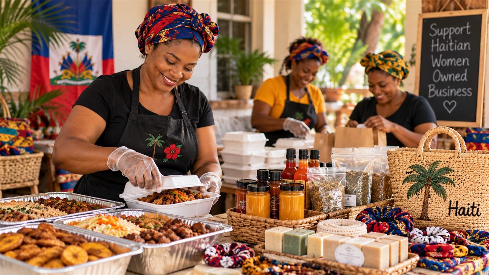 Haitian women preparing food and products for their small businesses