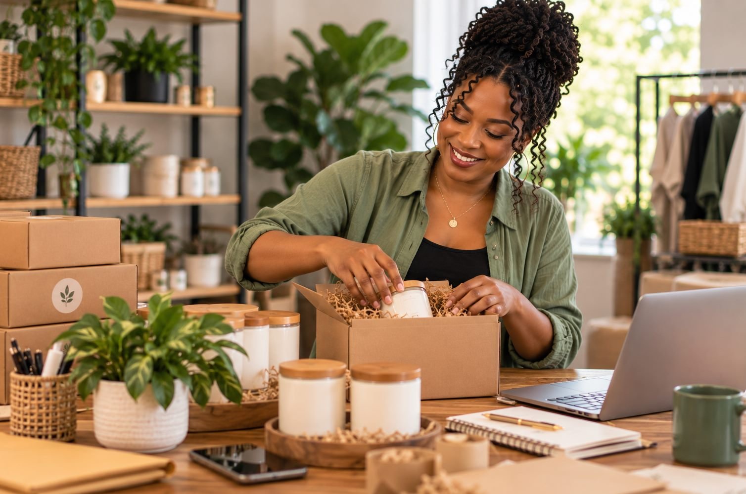 Woman packing handmade products for her home-based business