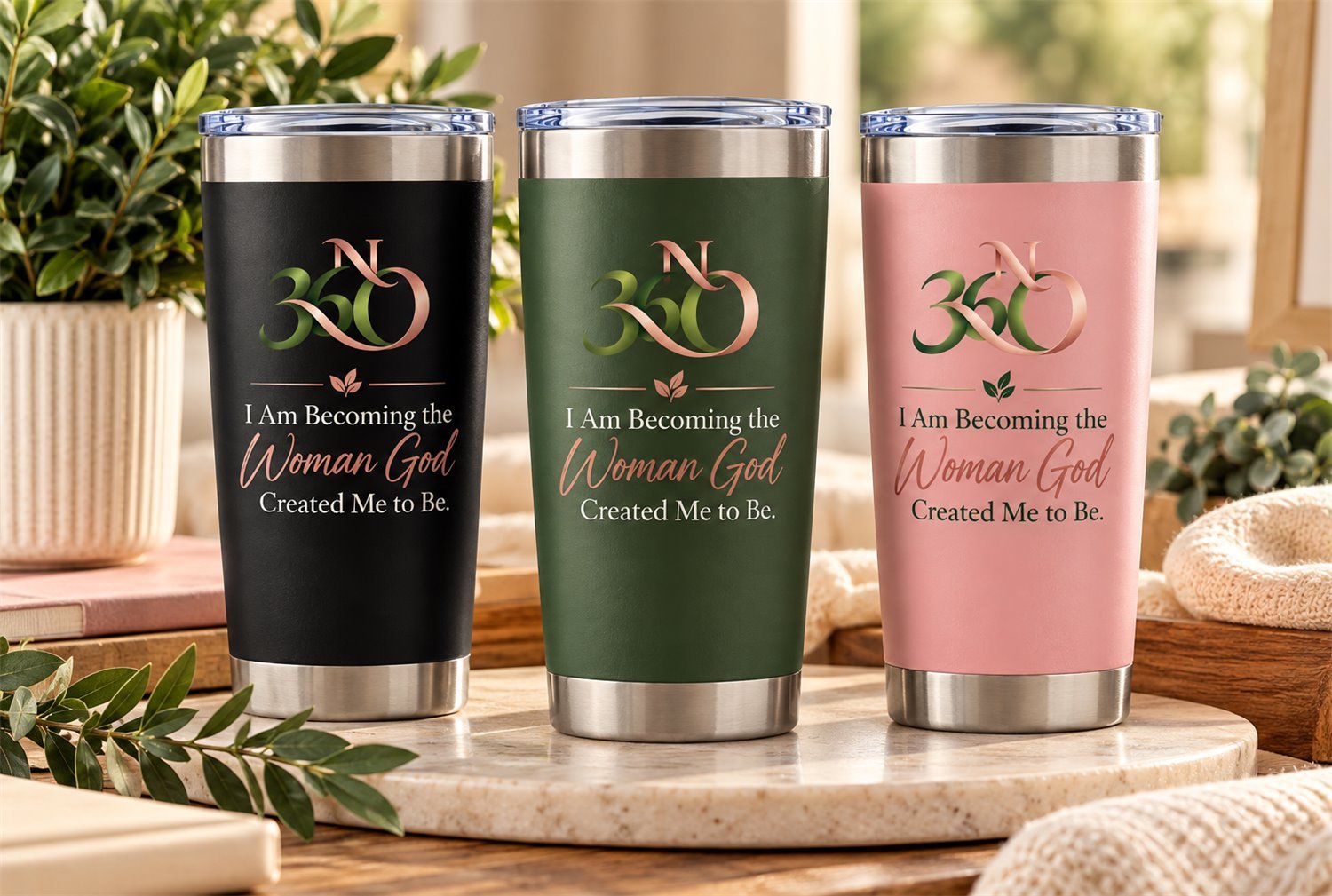 Three insulated tumblers in black, green and pink with the 360 Life Network logo