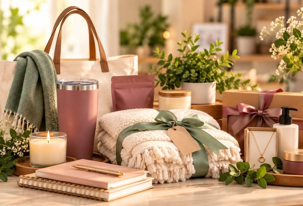 Gift display with a blanket, tumbler, journals and candles