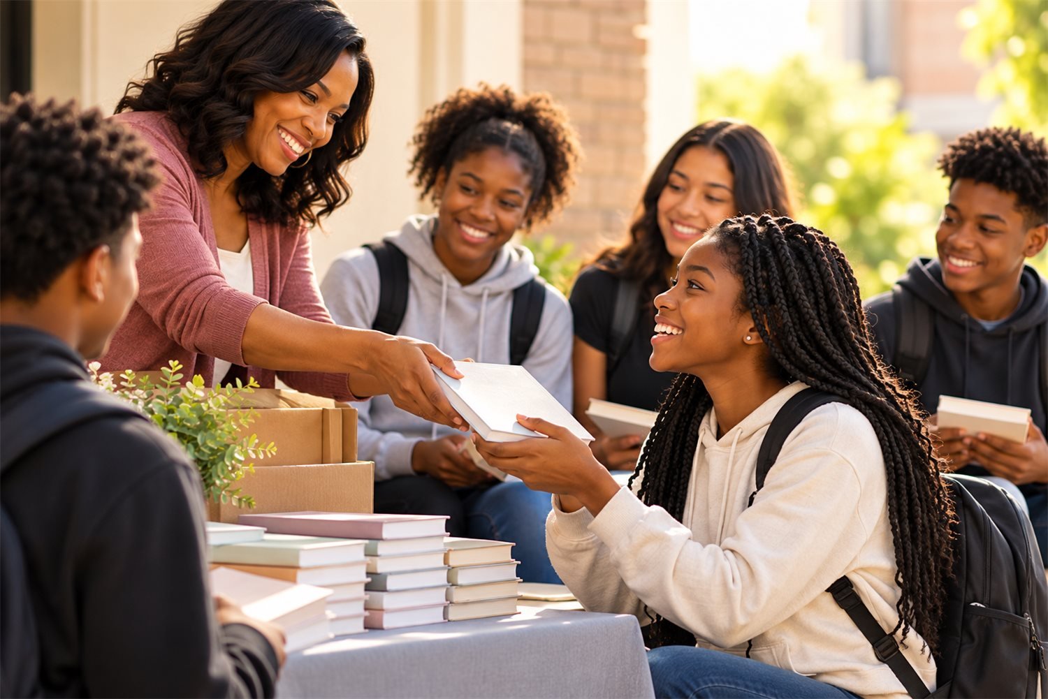 Woman handing devotionals to a group of teens