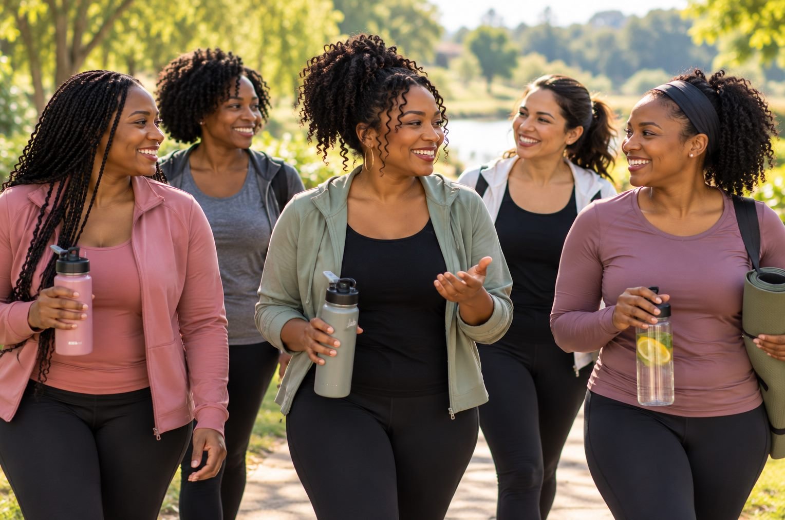 Group of women walking outdoors together in activewear