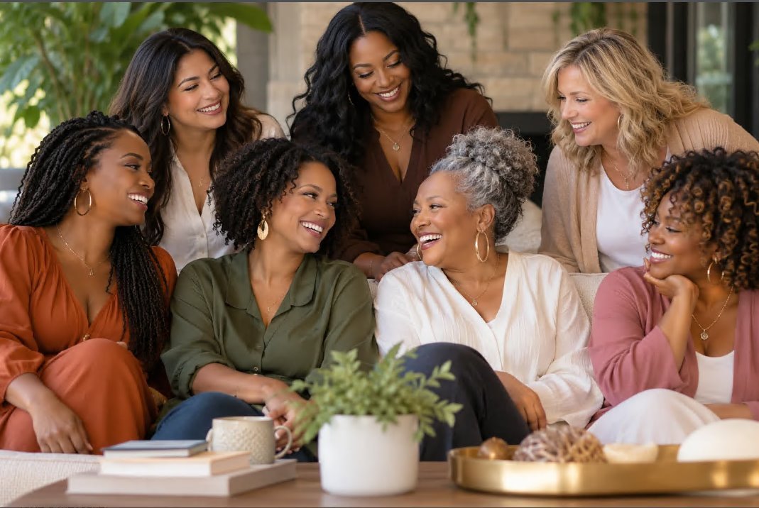 Group of women smiling and sharing together on a sofa