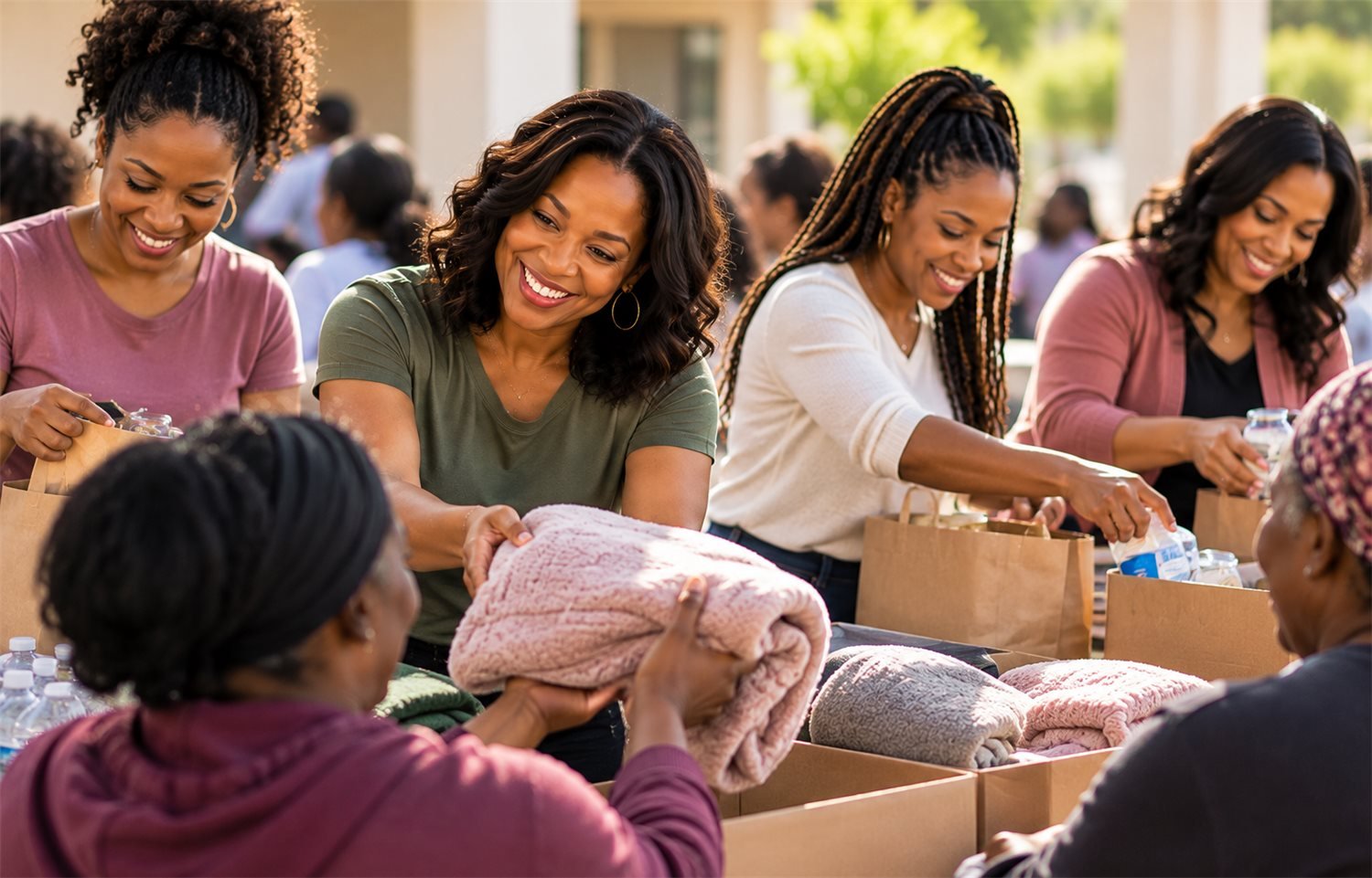 Women handing out care packages and blankets to others in the community