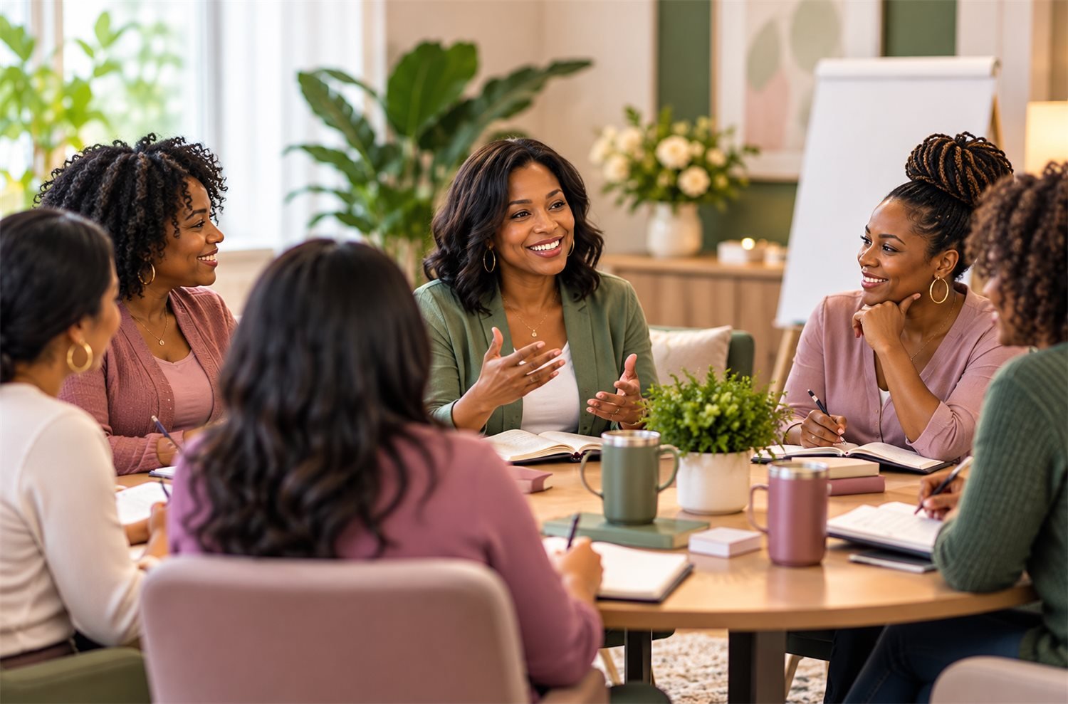 Women gathered in a coaching circle sharing and taking notes