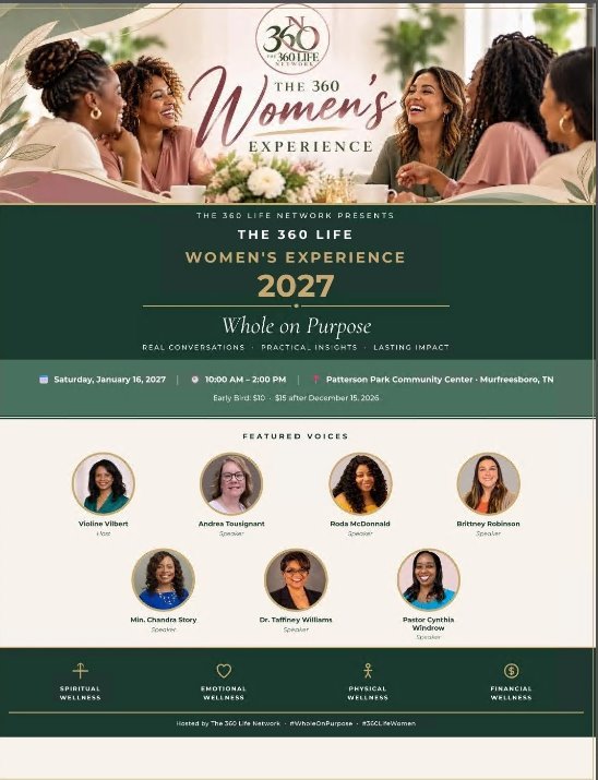 The 360 Life Women's Experience 2027 event flyer: Whole on Purpose, Saturday January 16, 2027, Patterson Park Community Center, Murfreesboro TN